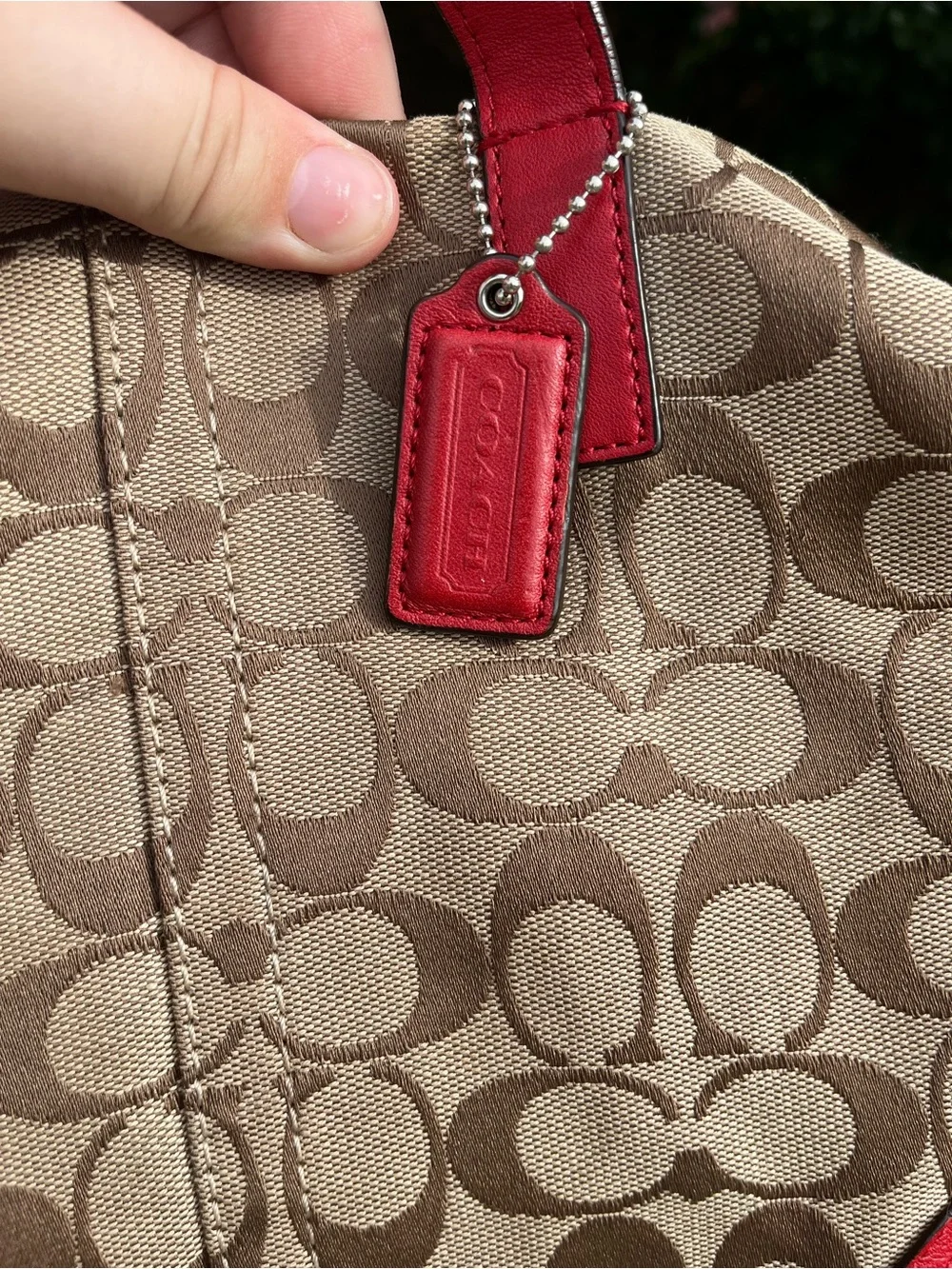 Coach Beige Signature Canvas and Red Leather Drawstring Shoulder Bag